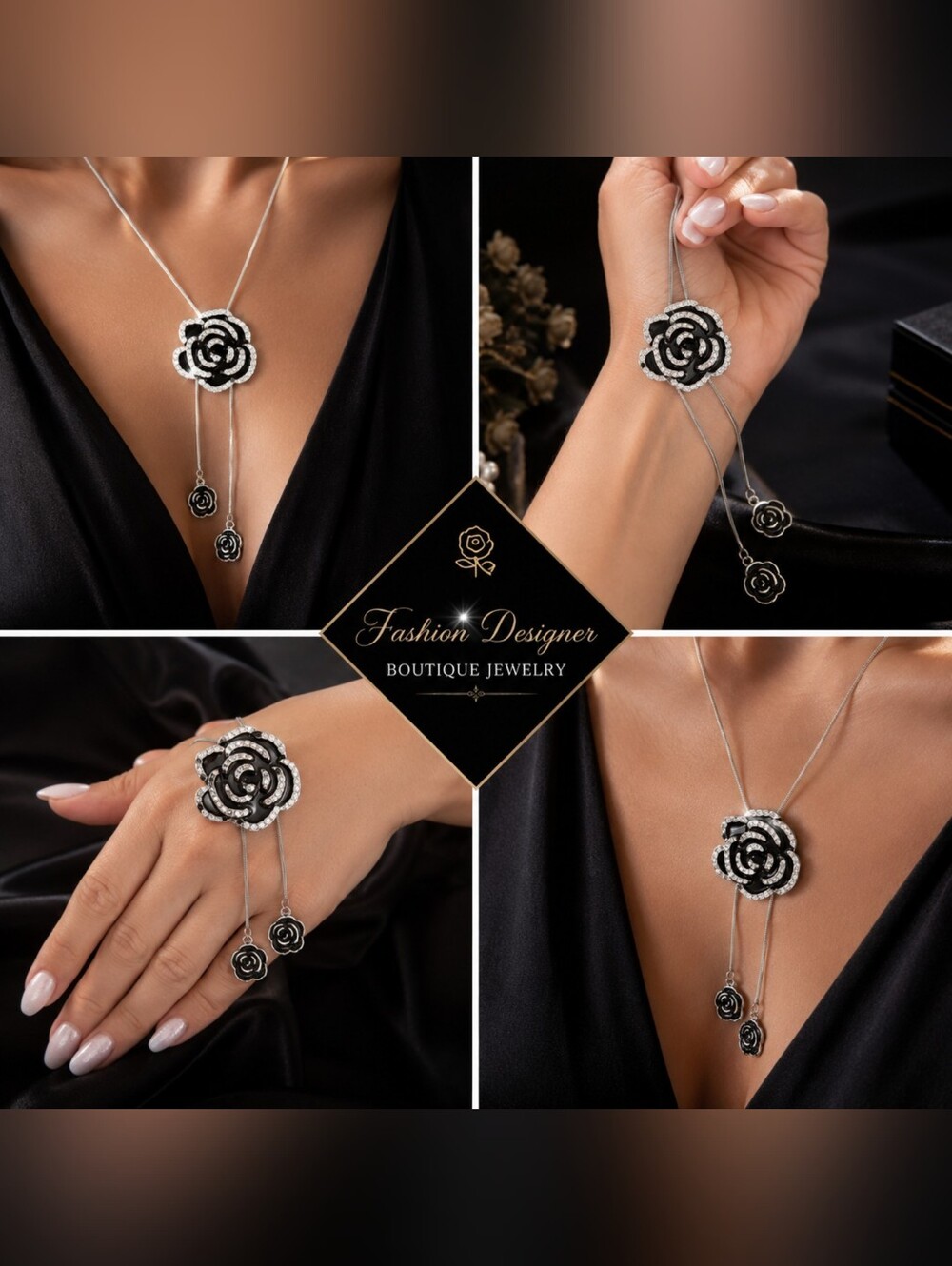 Fashion Designer Boutique Jewelry – Black Rose Crystal Slide Necklace